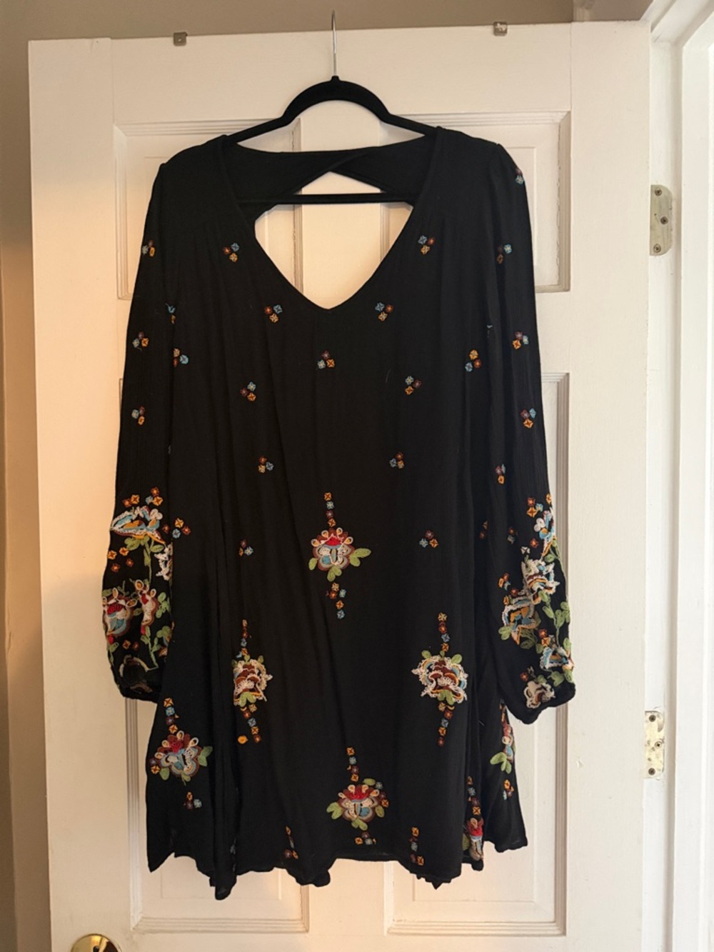 Free People Black Long-Sleeve Embroidered Boho Tunic Dress